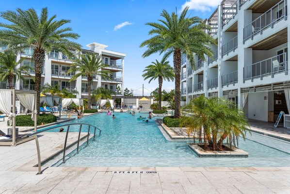 Outdoor pool, pool umbrellas, pool loungers