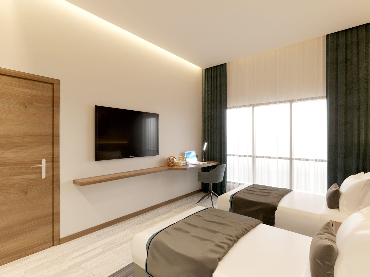 A modern hotel room with a wooden door, a flat-screen TV mounted on the wall, a desk with a chair, and two beds with headboards.
