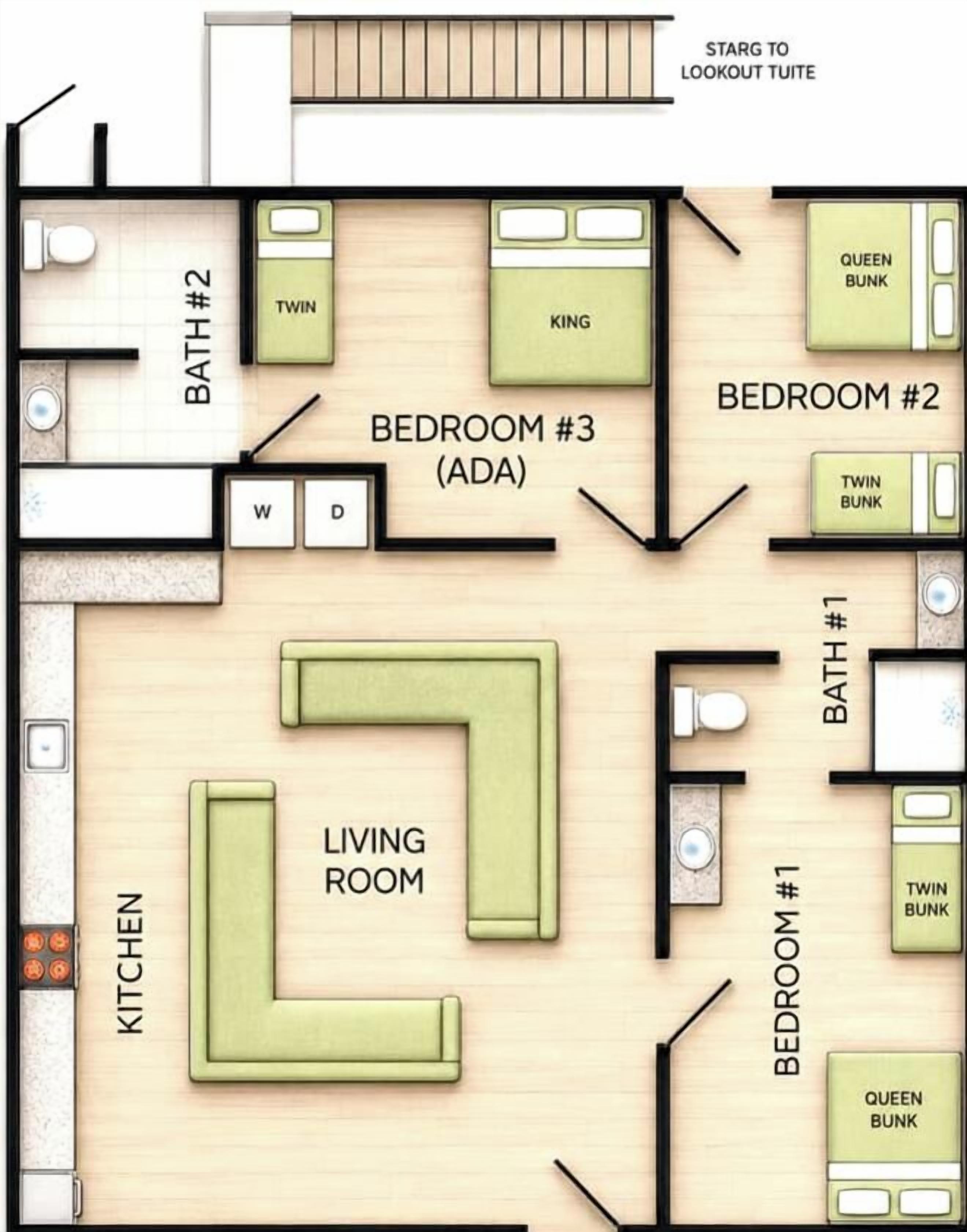 Een plattegrond van een appartement met drie slaapkamers, twee badkamers, een keuken en een woonkamer.