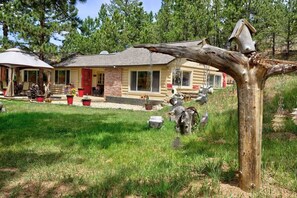 A rustic log cabin with a red door, a porch with outdoor seating, and a wooden structure resembling a birdhouse. - Pub -  Hot Tub - Fire Pit (Green Mountain Falls)