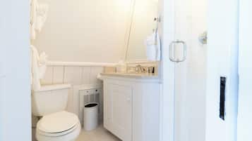 Un baño con inodoro, lavabo y zona de ducha.