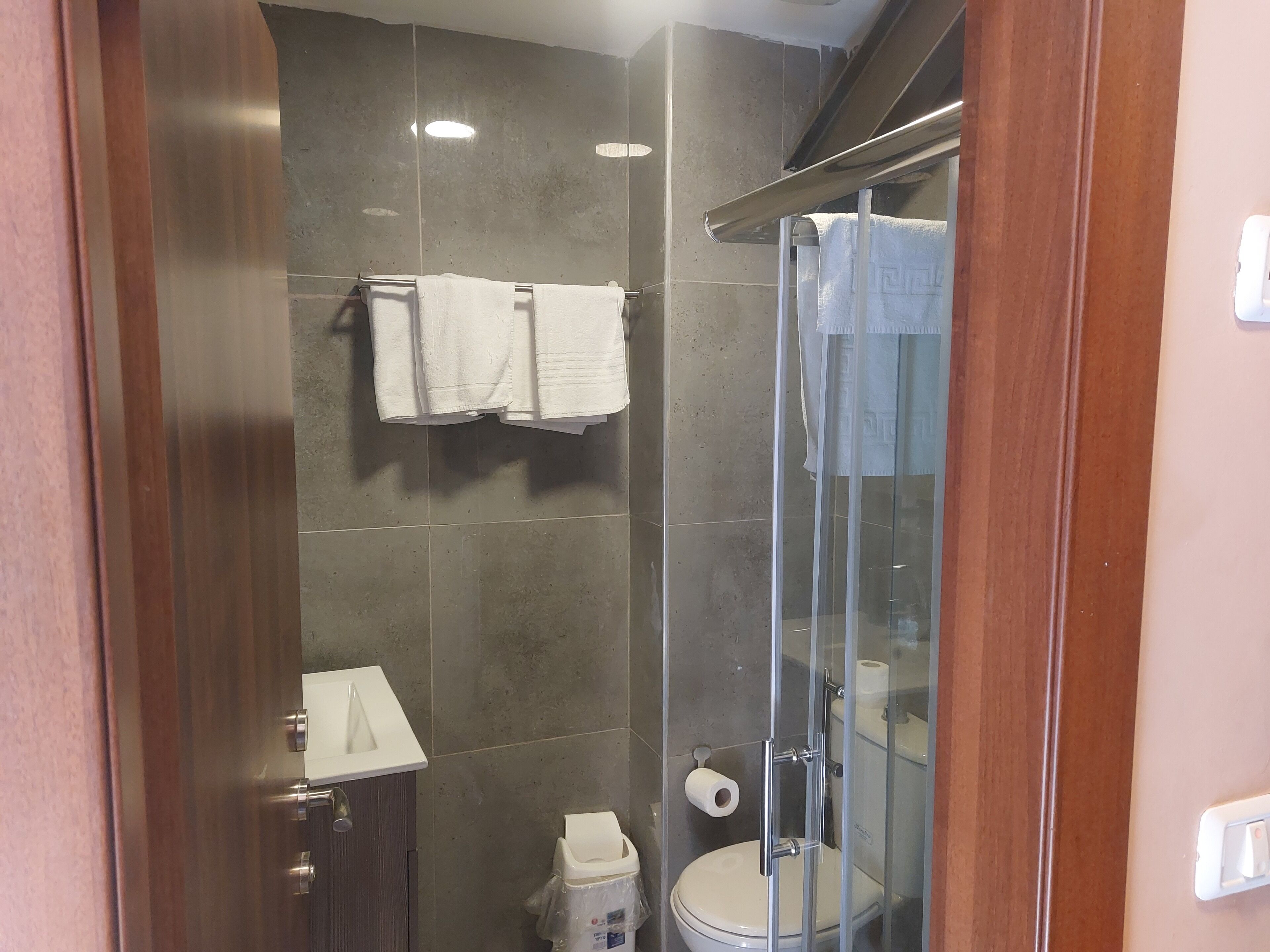 A bathroom with a glass shower enclosure, a toilet, and a sink with a towel rack.