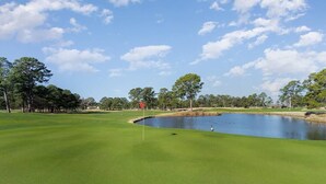 A golf course with a pond, trees, and a clear sky.