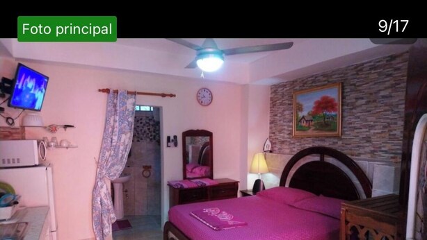 A bedroom with a bed, a television, a clock, a painting, and a ceiling fan. - Apart-Hotel Costa Verde Distrito Nacional (Santo Domingo Oeste)
