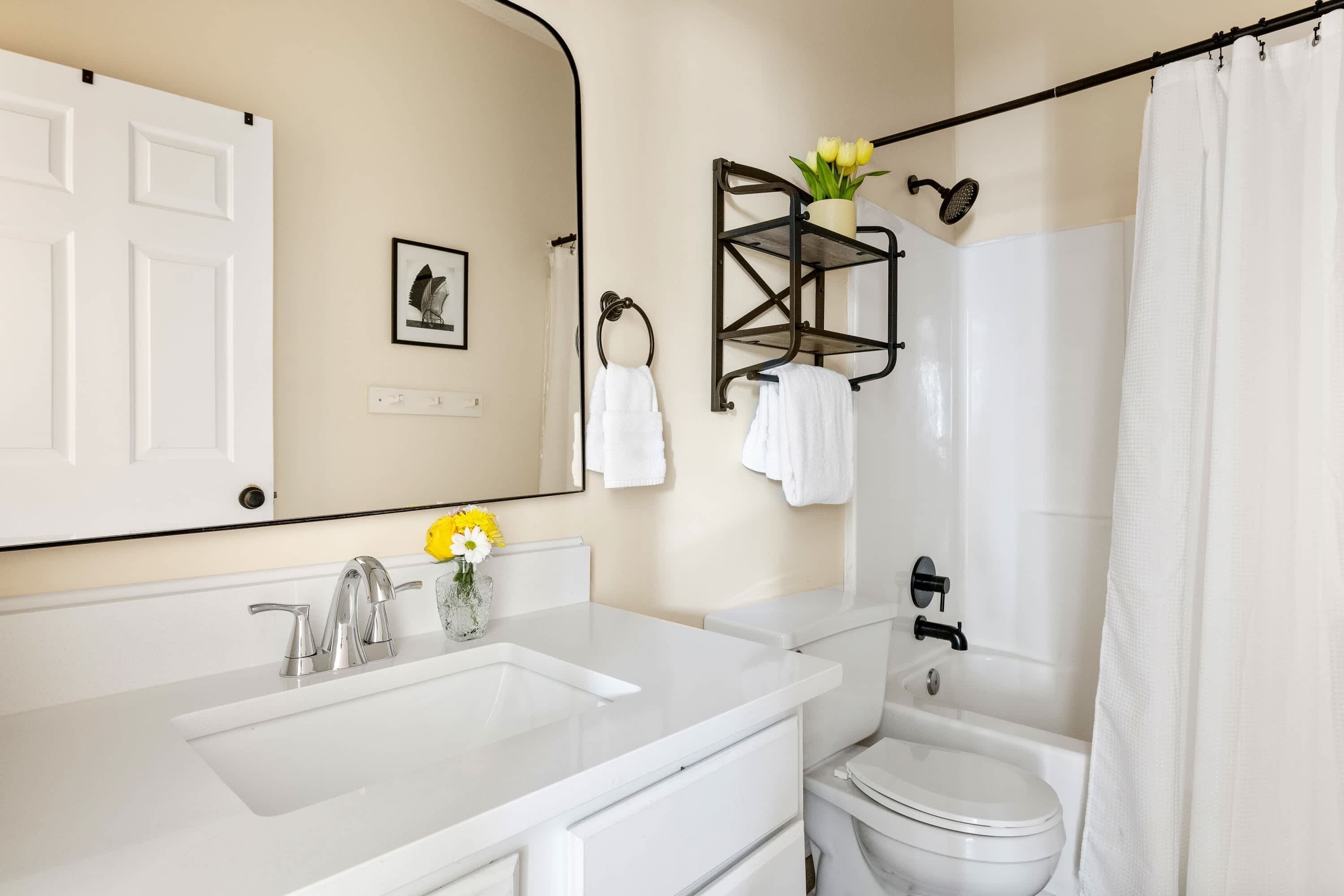 Bathtub, hair dryer, towels, shampoo