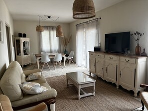 TV connectée, cheminée, livres