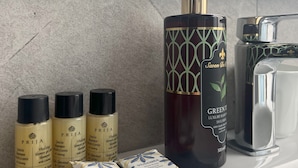 A bathroom vanity with a mirror, a sink, and various toiletries including a bottle of Green Tea Luxury Handwash, a razor, and several bottles of shampoo and conditioner. - Suitedream Vatican (Rome)