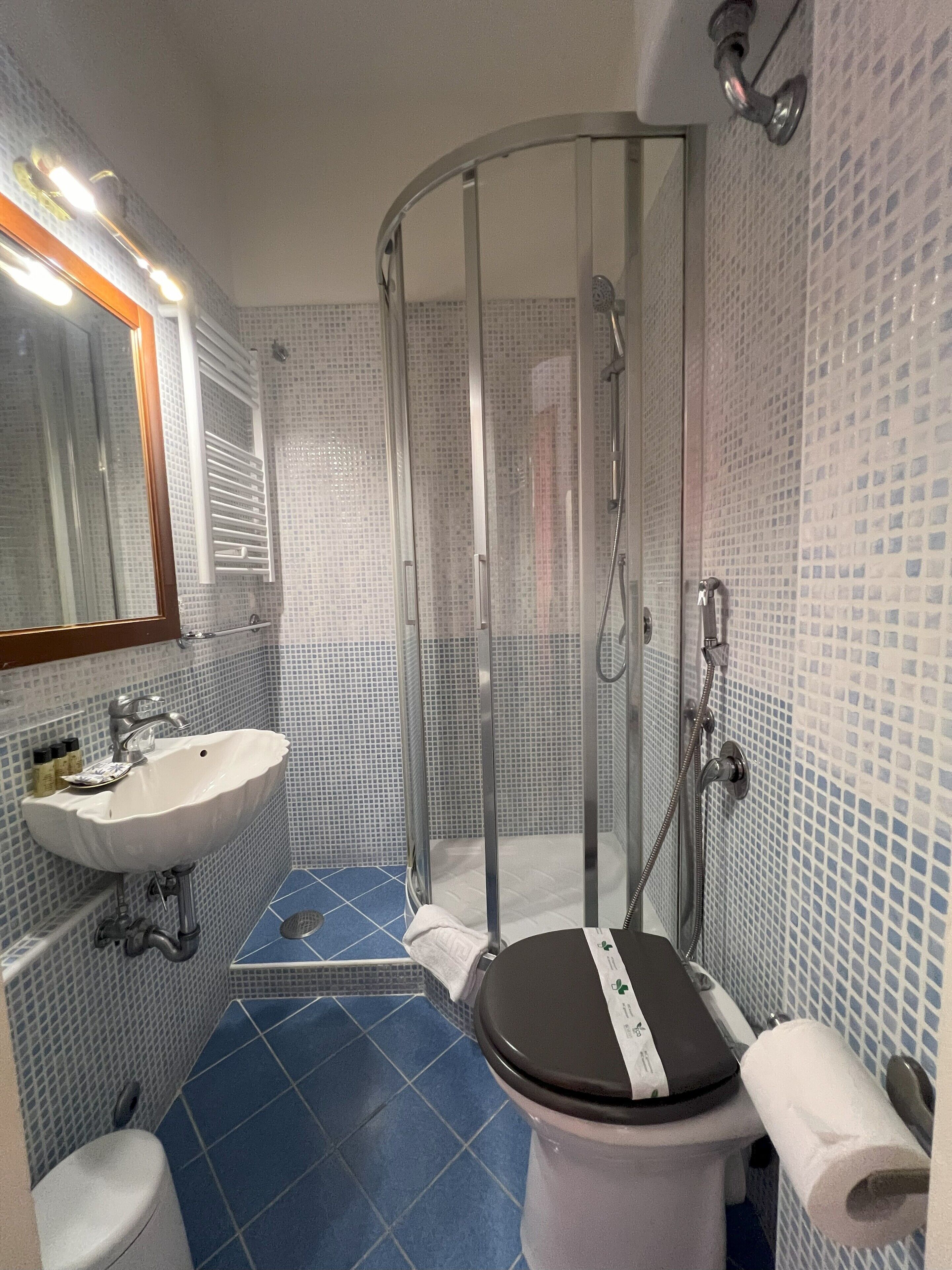 A bathroom with a glass-enclosed shower, a sink, and a toilet.