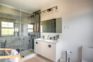Hair dryer, towels, soap, shampoo
