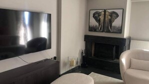Un saló modern amb televisió plana, una llar de foc i dues fotografies emmarcades d'elefants.