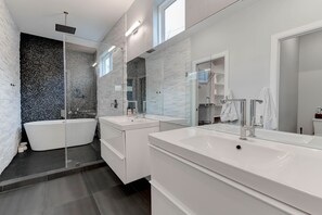 Hair dryer, bidet, towels, soap
