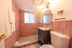 Douche, sèche-cheveux, serviettes fournies, savon