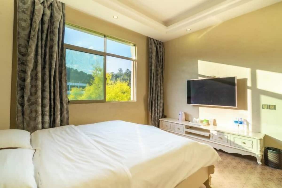 A hotel room with a large bed, a TV, a dresser, and a window with curtains.