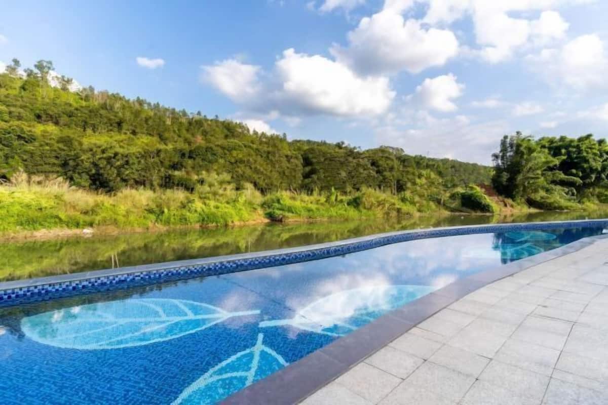 A swimming pool with a tiled edge, surrounded by a landscaped area with trees and a clear sky.