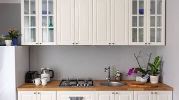 Kühlschrank, Mikrowelle, Herdplatte, Wasserkocher