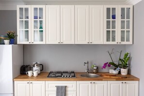 Fridge, microwave, stovetop, electric kettle