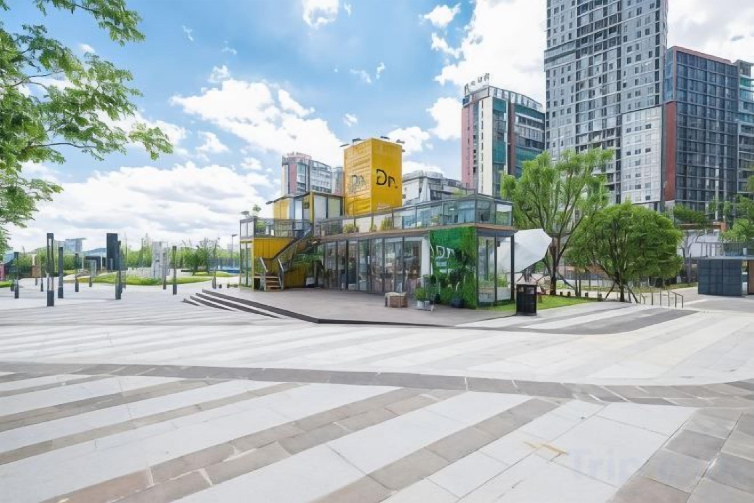 A modern building with a glass facade, a yellow sign, and a staircase leading to an entrance.