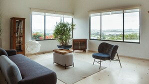 Een ruime woonkamer met grote ramen, een potplant, een bank en een fauteuil.