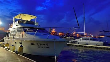 Un barco atracado en un puerto deportivo con cielo despejado.