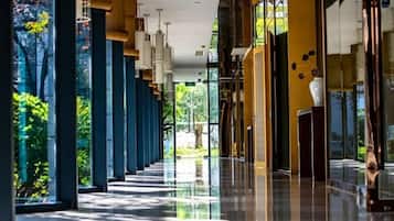 A long corridor with a reflective floor, large windows, and a view of greenery outside.