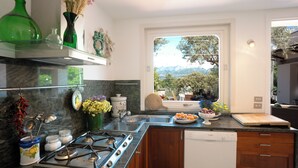 Una cucina moderna con piano cottura, lavello e lavastoviglie, una finestra con vista sulle montagne e diversi oggetti da cucina sul bancone.