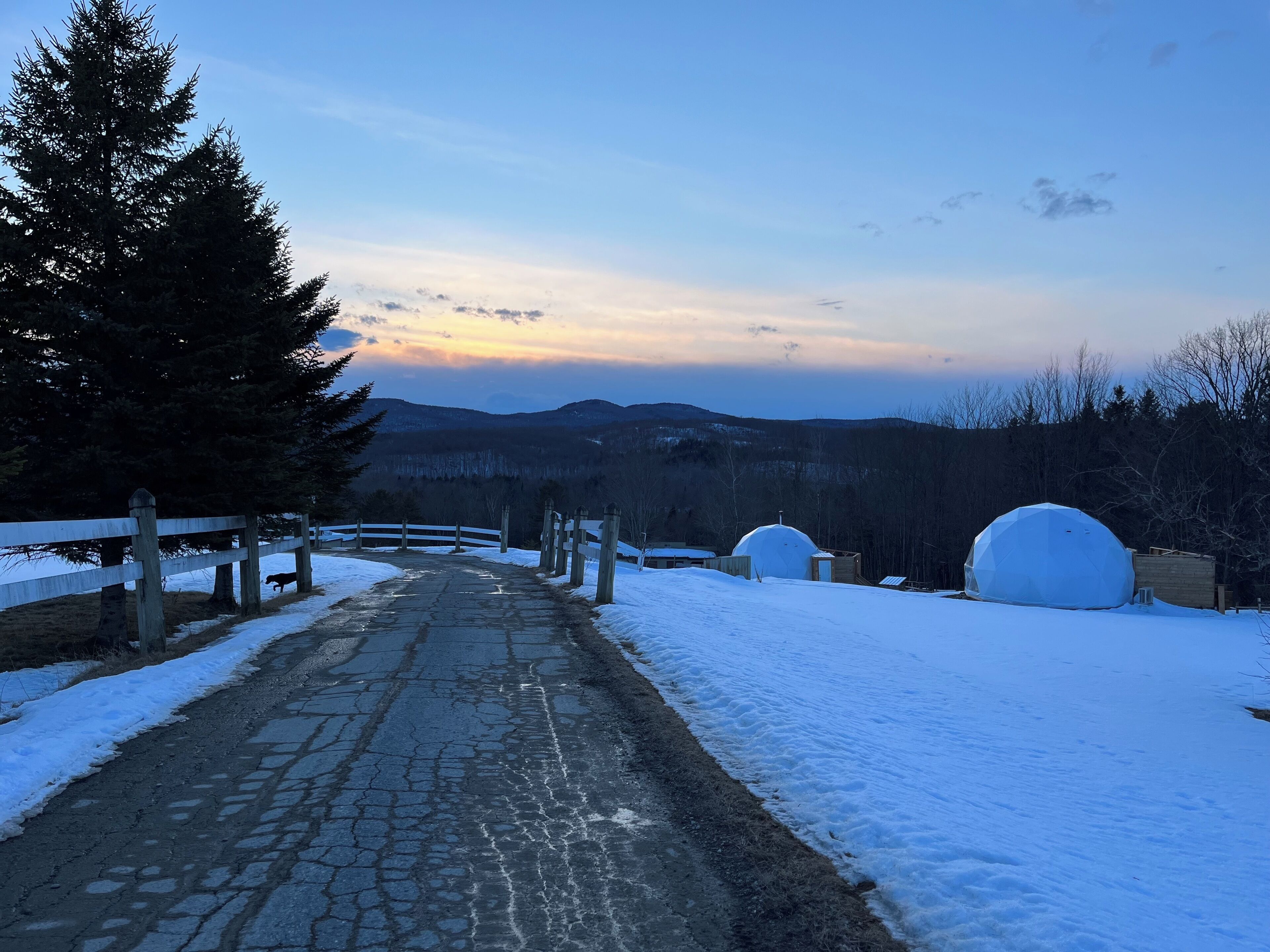 A snow-covered pathway leading to a dome structure, surrounded by trees and a mountainous backdrop.