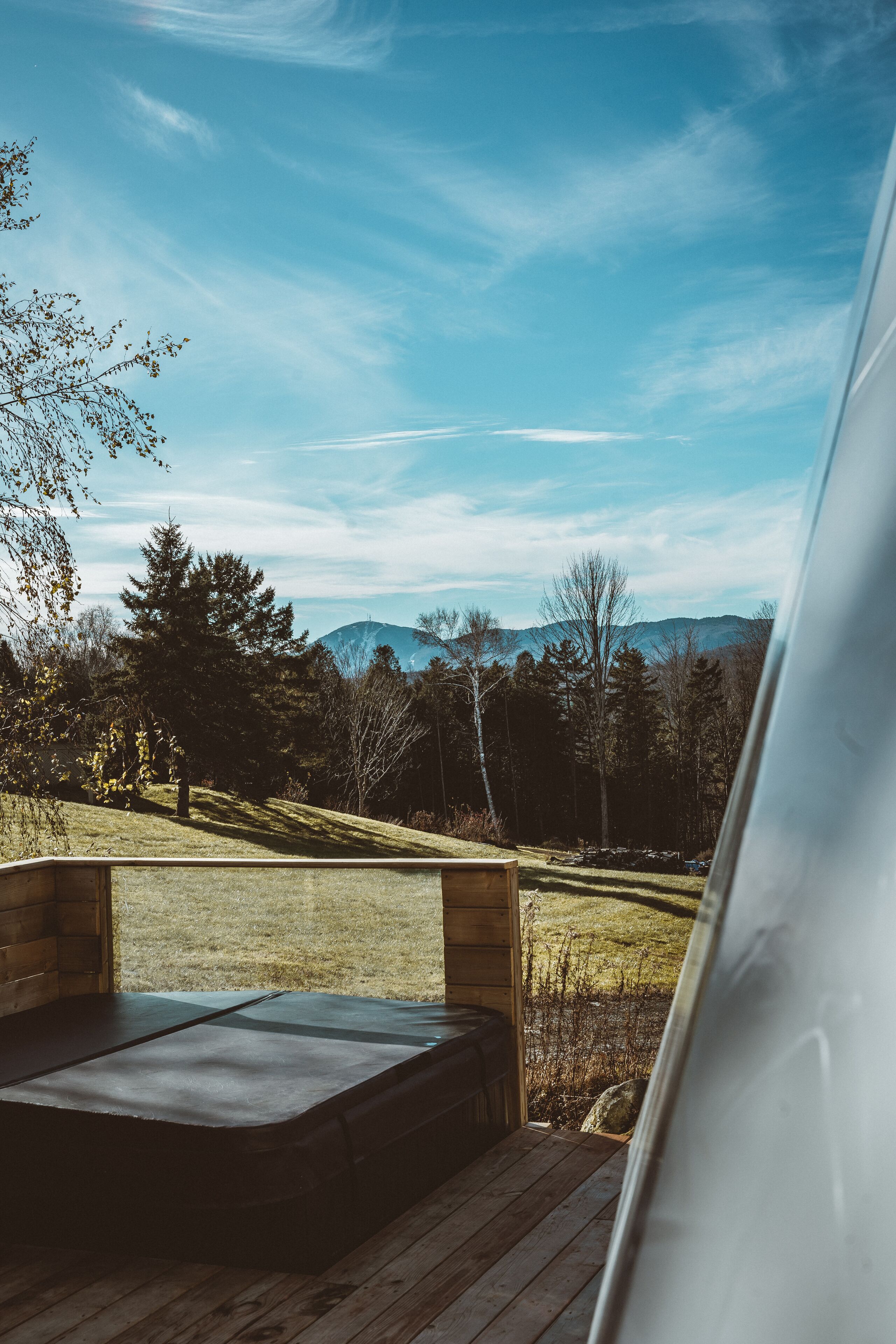 A wooden deck with a view of a grassy field and trees, leading to a mountain range.