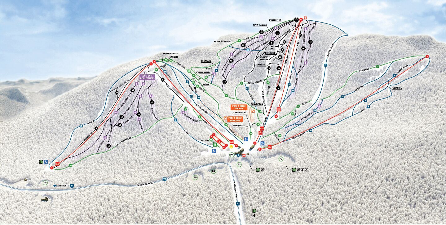 A ski resort map with marked ski runs, lifts, and key locations.