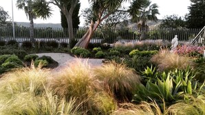 Un jardín ajardinado con diversas plantas, un sendero curvo de grava y una valla metálica.