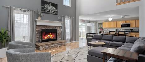 Smart TV, fireplace, video games, foosball