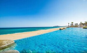 On the beach, sun loungers, beach towels