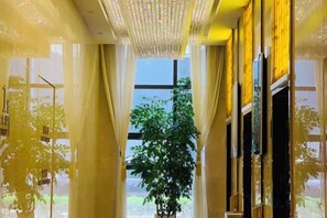 A corridor with a large window, a plant, and a ceiling with a light fixture.