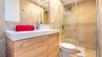 Shower, hair dryer, towels
