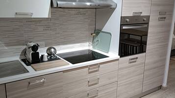 Frigorífico, microondas, horno y placa de cocina