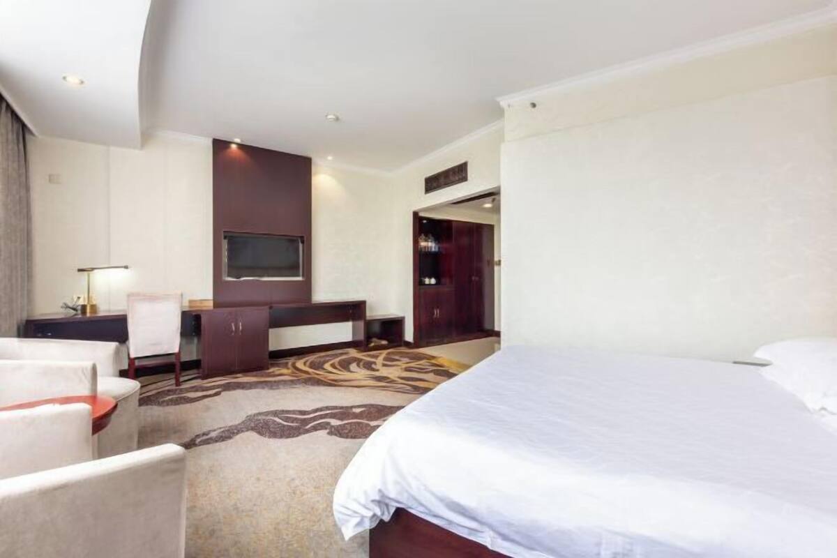 Una habitación de hotel con cama, escritorio, silla, televisor y armario.