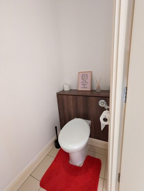 Shower, hair dryer, bidet, towels