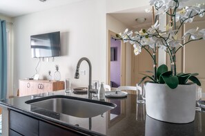 A modern kitchen with a stainless steel sink, a flat-screen TV mounted on the wall, and a potted orchid on the counter. - Call it Comfy | Walking Distance to NRG/Med Center (Houston)