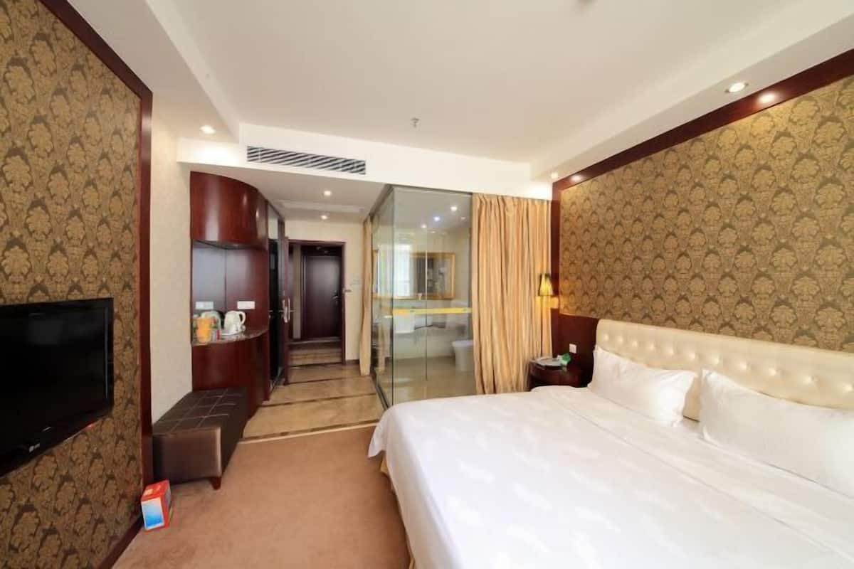 A hotel room with a large bed, a TV, a wardrobe, and a bathroom visible through a glass door.