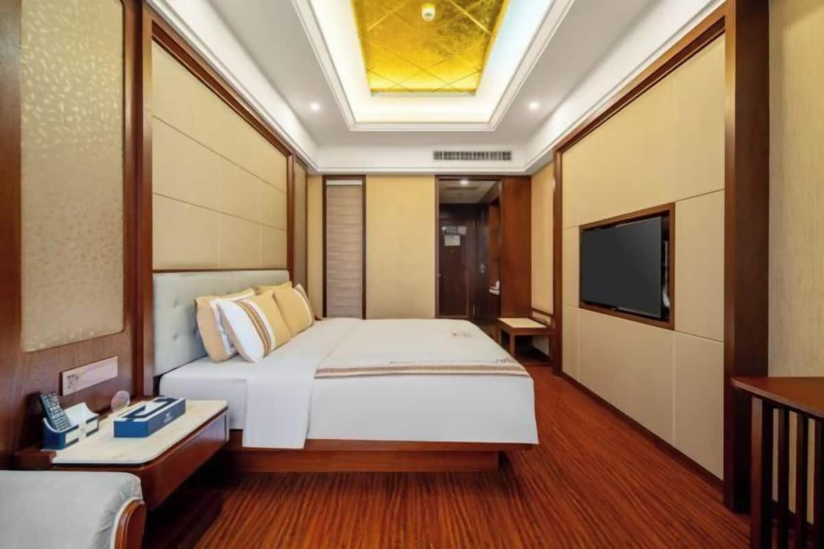 A hotel room with a bed, bedside table, TV, and a ceiling light fixture.