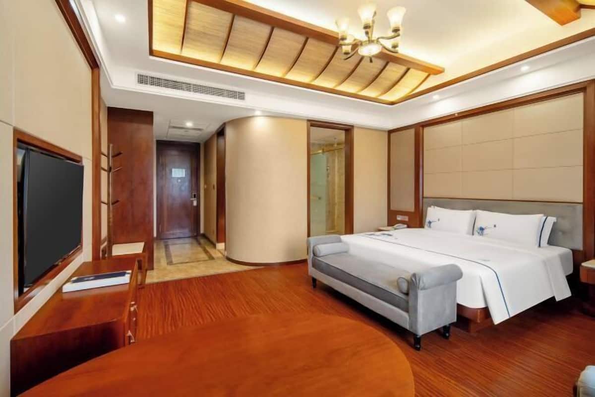 A hotel room with a bed, a desk, a chair, a TV, and a bathroom.