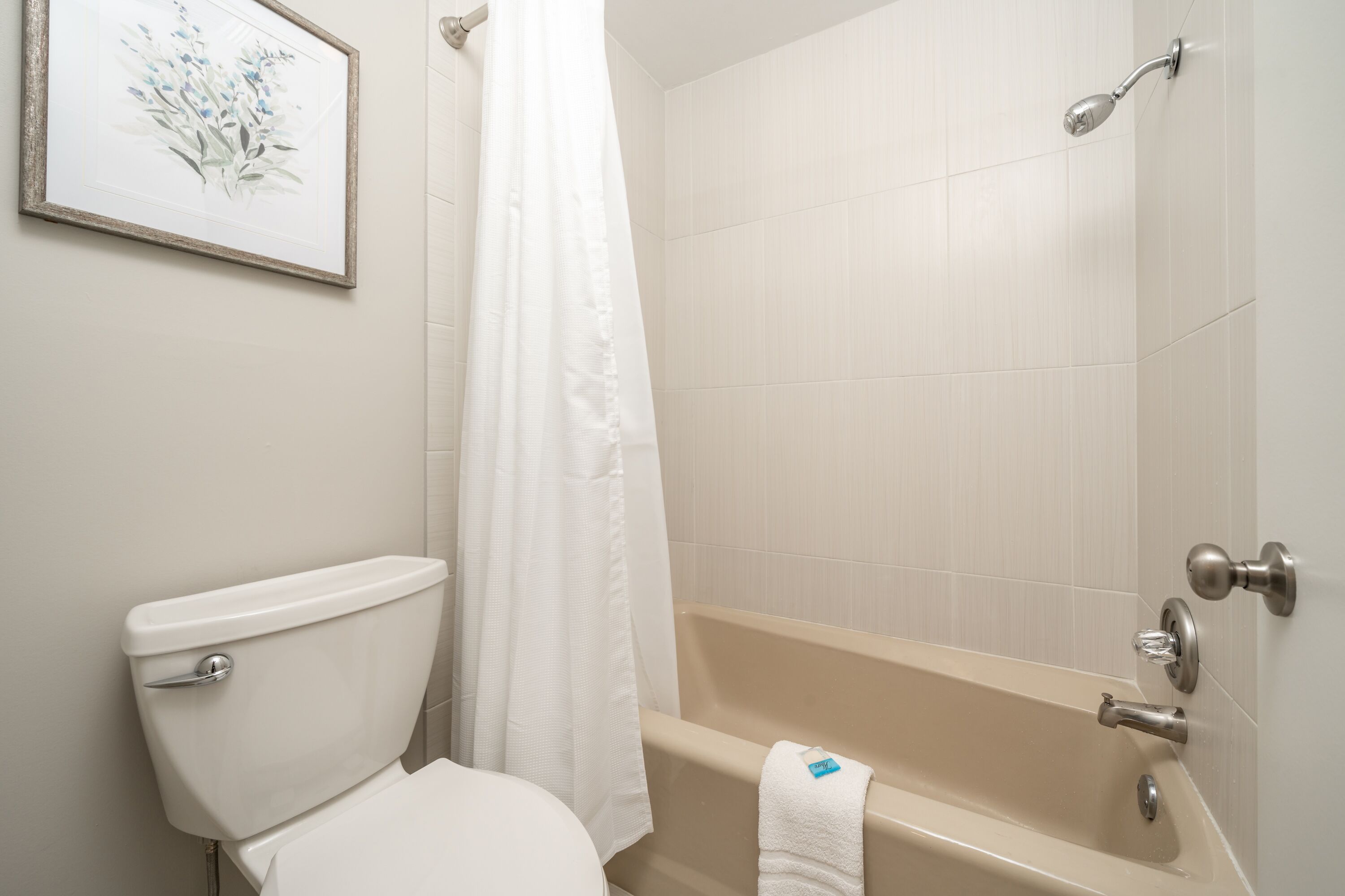 A bathroom with a toilet, a bathtub, and a shower curtain.