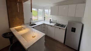 Eine moderne Küche mit weißen Schränken, einem eingebauten Herd und einem großen Fenster mit Blick ins Freie.