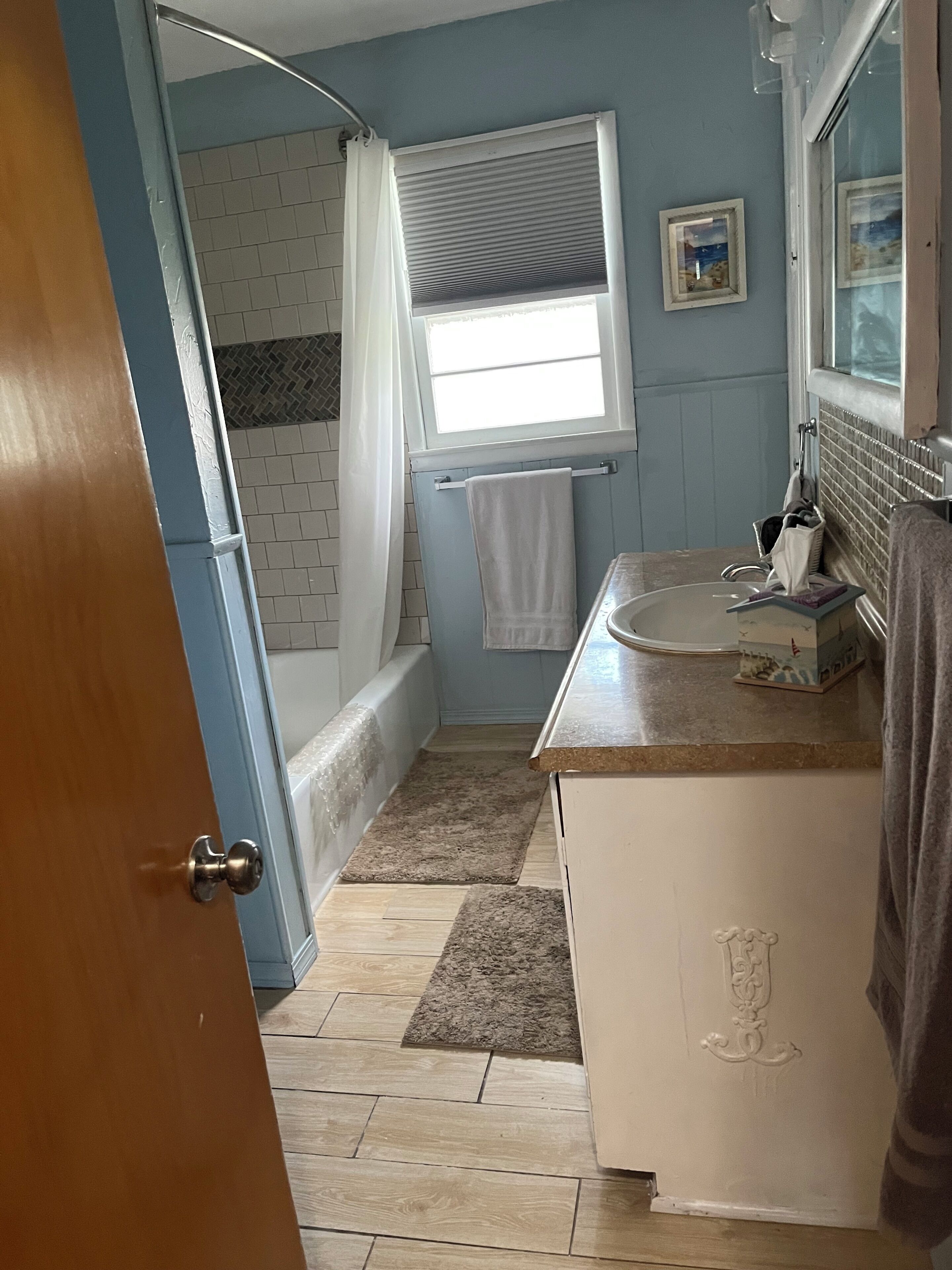 Hair dryer, towels, soap, shampoo
