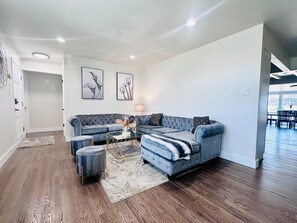 Smart TV, fireplace, table football, books