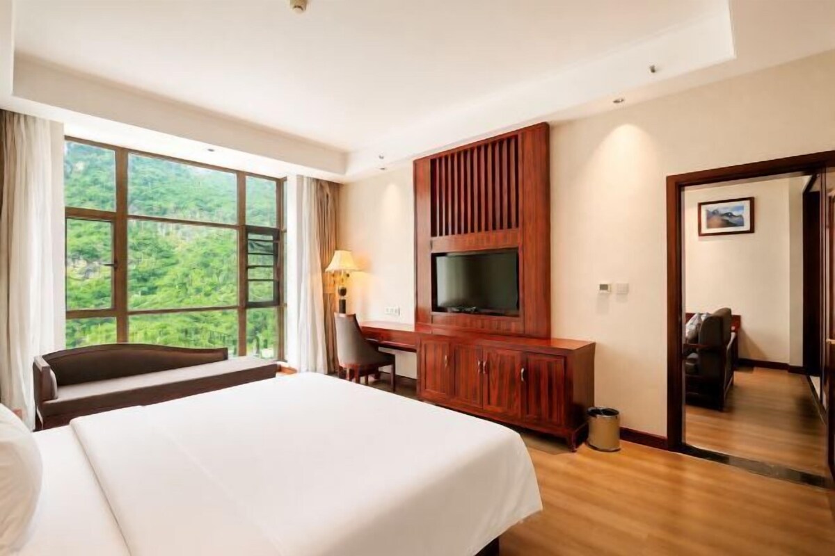 Une chambre d’hôtel avec un grand lit, un bureau, une télévision et une vue sur l’extérieur.