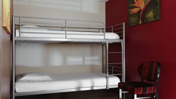Een stapelbed in een kamer met een rode muur en een schilderij.