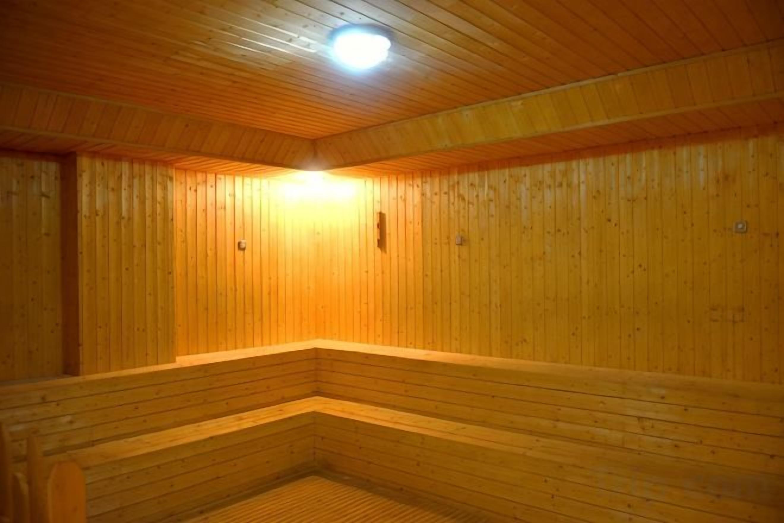 A wooden sauna with benches and a ceiling light.