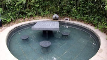 Ein runder Pool mit einem Tisch in der Mitte und vier Hockstühlen.