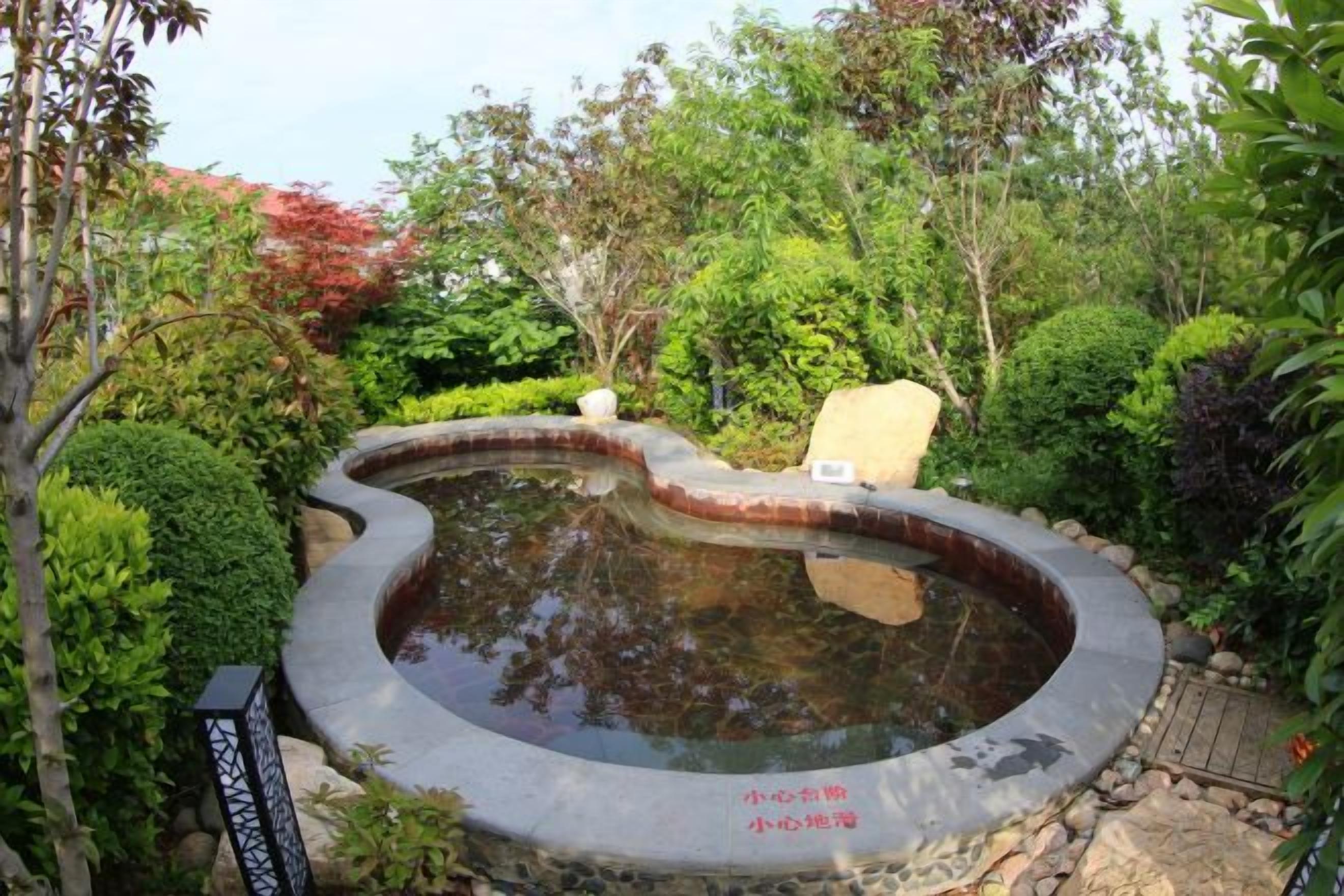 Un pequeño estanque circular con borde de piedra, rodeado de abundante vegetación y un banco de piedra.