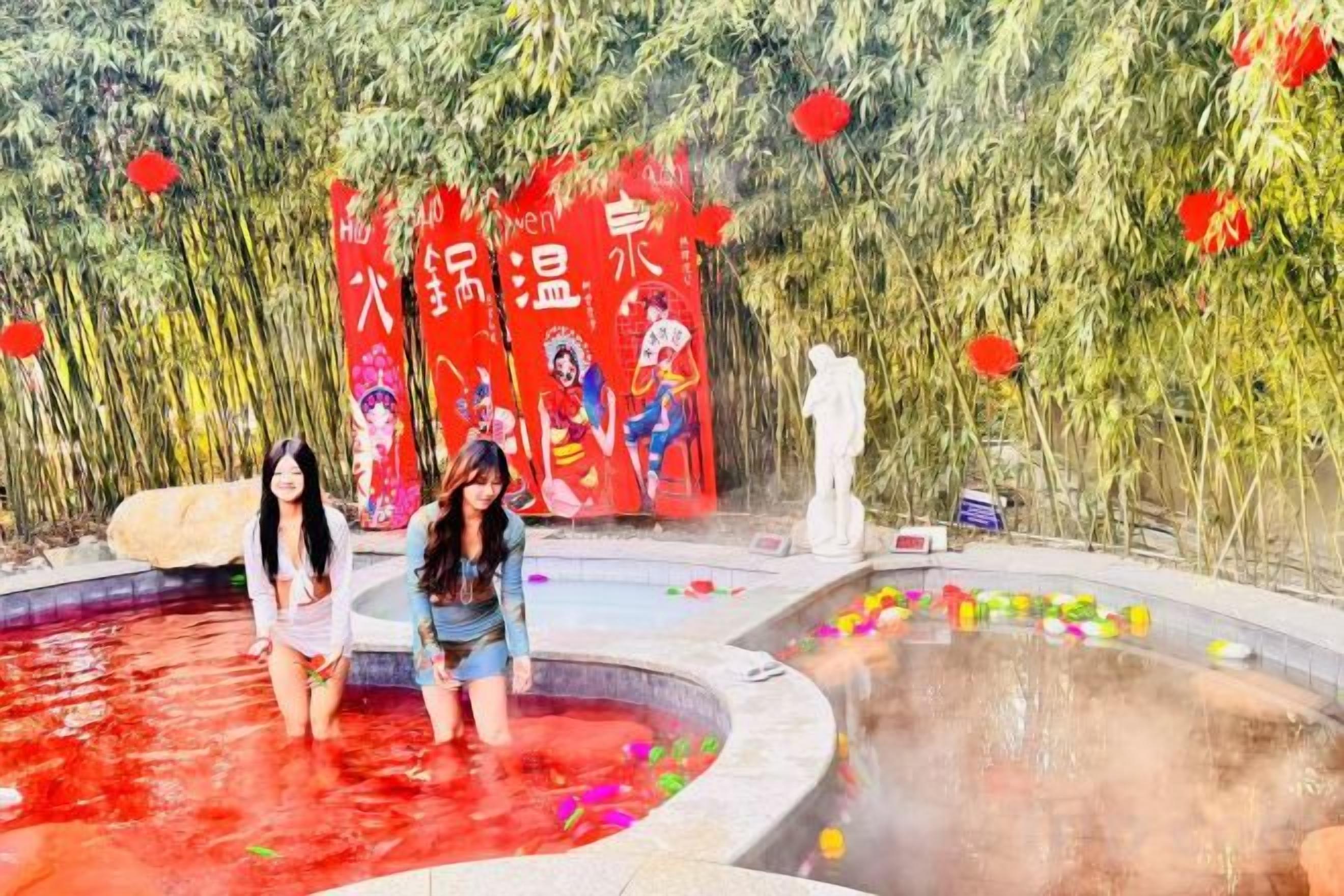 A hot spring area with a pool and a statue in the background.